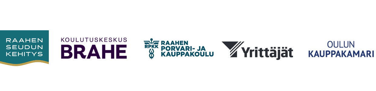 Raahen seudun kehityksen, Koulutuskeskus Brahen, Raahen Porvari- ja Kauppakoulu, Yrittäjien ja Oulun kauppakamarin logot.
