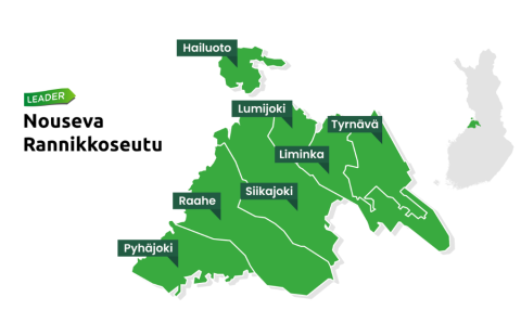 Karttakuva Nousevan Rannikkoseudun alueeseen kuuluvista kunnista.